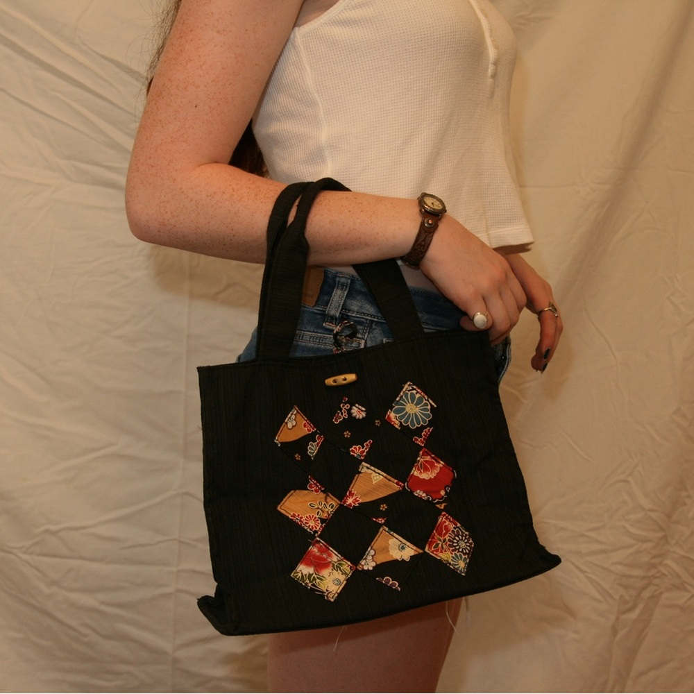 VINTAGE Black Patchwork Handbag With Wood Button Closure And Two Pockets